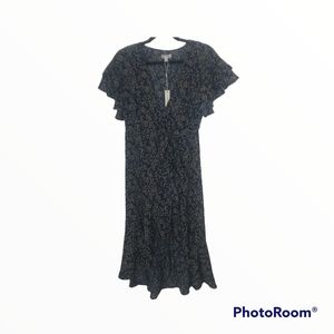 NWT Max Studio Navy Blue and Yellow High Low Wrap Floral Dress Size Small